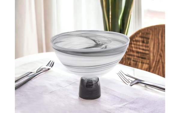 10'' Arezzo mouth-blown gray glass bowl with swirling black alabaster pattern, footed base, and contemporary design for modern decor.