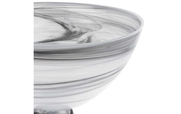 10'' Arezzo mouth-blown gray glass bowl with swirling black alabaster pattern and footed base, showcasing contemporary modern design.