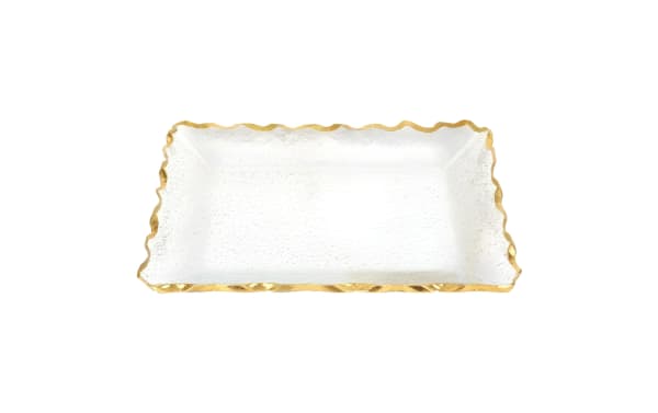 14'' Adelaide Gold Bubble Glass Tray with scalloped gold rim, seeded textured clear glass, contemporary style decorative serving tray