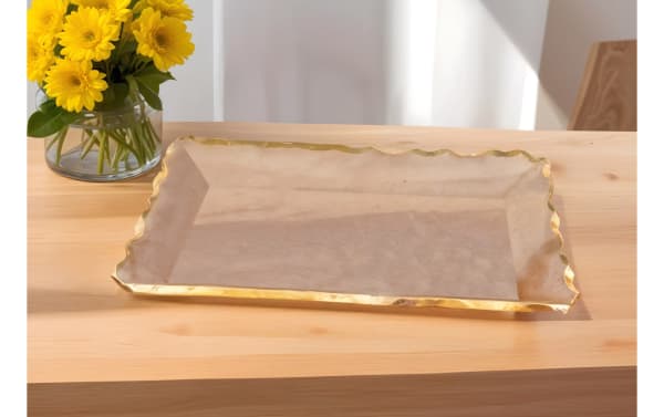 14" Adelaide Gold Bubble Glass Tray with scalloped gold rim and seeded glass texture, contemporary style decorative serving tray