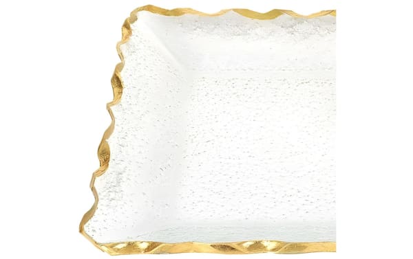 14'' Adelaide Gold Bubble Glass Tray with scalloped gold rim and textured seeded glass surface, contemporary style serving tray.