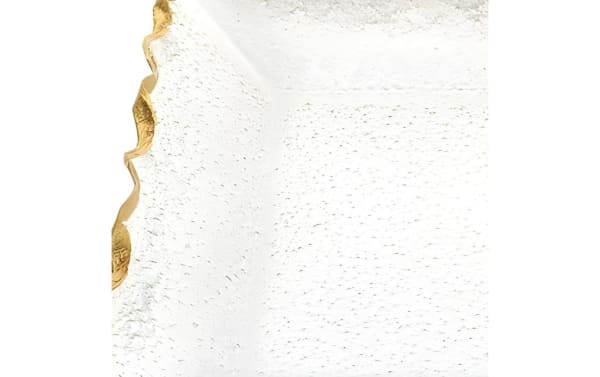 14'' Adelaide Gold Bubble Glass Tray with scalloped gold rim and textured seeded glass, contemporary style serving tray.