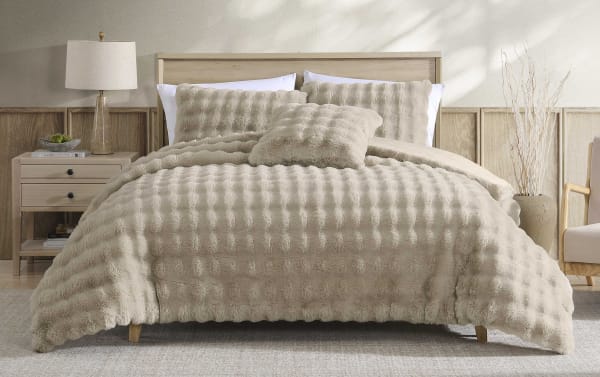 Taupe Olivia Twin/Twin XL 3-piece comforter set with ruched faux fur polyester fabric, featuring a plush, contemporary textured design.