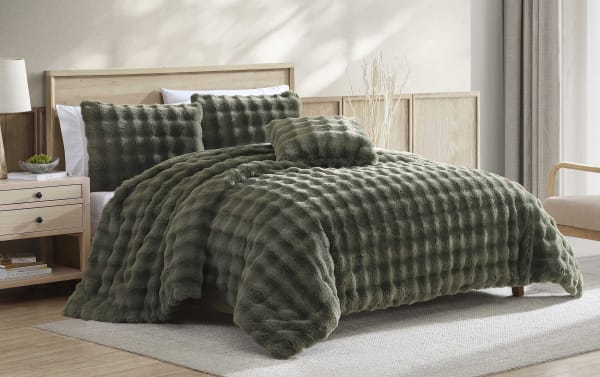 Olivia Twin/Twin XL Green 3 Piece Comforter Set featuring ruched faux fur polyester fabric in a soft, textured deep green contemporary style.