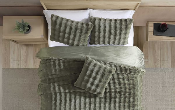 Olivia Twin/Twin XL Green 3 Piece Comforter Set with ruched faux fur polyester fabric, featuring plush pillows and a cozy contemporary design.