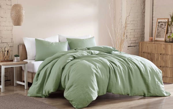 Weston Twin Sage 3 Piece Comforter Set in green linen fabric with a transitional style, featuring a soft, textured comforter and matching pillows.