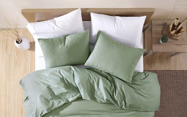 Weston Twin Sage 3 Piece Comforter Set in green linen fabric with polyester, featuring a transitional style and soft, breathable bedding for twin beds.