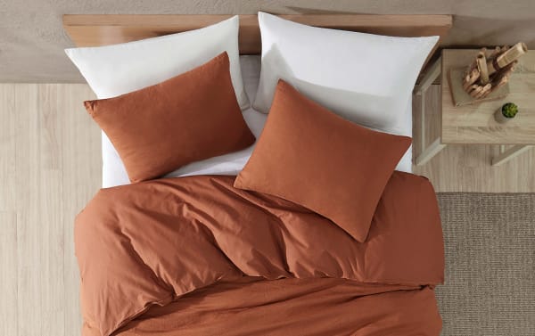 Weston Orange 4 Piece Queen Comforter Set in burnt orange linen fabric with polyester fill, transitional style bedding for easy washing.