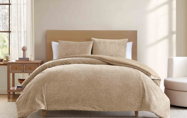Beige James Queen 3 Piece Comforter Set in transitional style with pre-washed polyester chenille fabric, decorative pillows, and matching bedspread.