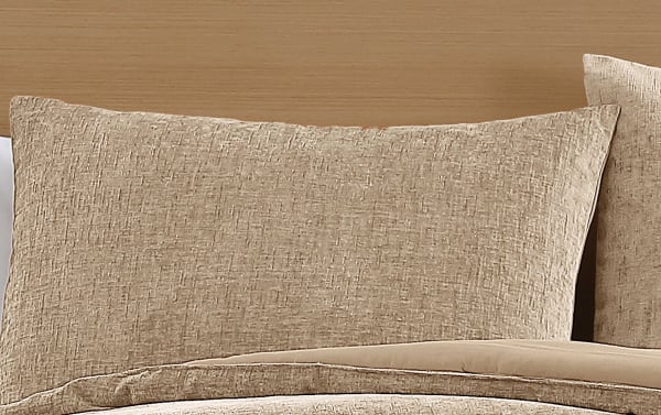 Beige James Queen 3 Piece Comforter Set with pre-washed polyester chenille fabric, transitional style, and textured decorative pillows for a warm, inviting look.