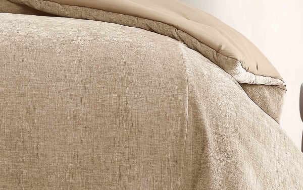 Beige James Queen 3 Piece Comforter Set in transitional style, made of soft pre-washed polyester chenille fabric with decorative pillows for warmth and comfort.