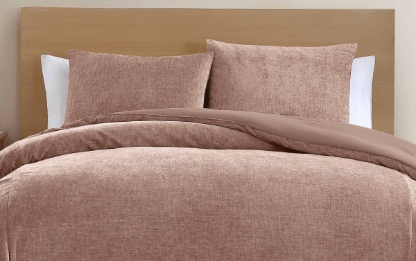 James Queen Blush 3 Piece Comforter Set in pink polyester chenille fabric, transitional style with decorative pillows and soft texture.