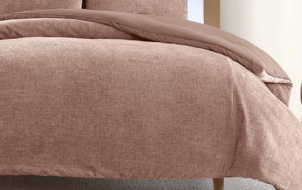 James Queen Blush 3 Piece Comforter Set in soft pink polyester fabric with a transitional style and pre-washed chenille texture, featuring decorative pillows.