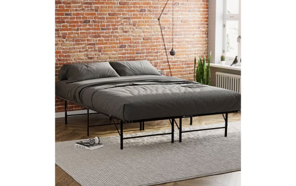 Transitional Ralph Queen Metal Frame bed in black steel with high durability, no box spring needed, featuring under-bed storage and sleek minimalist design.