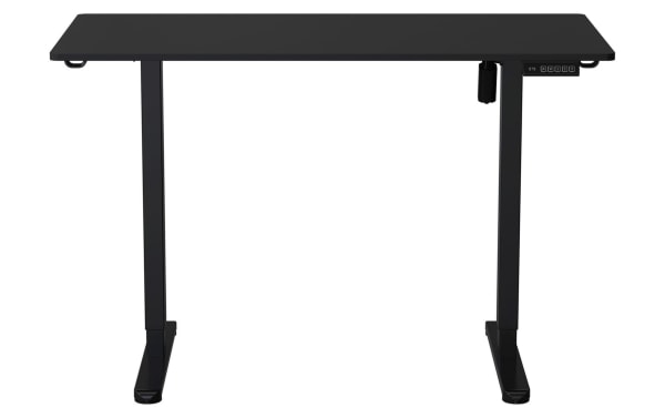 Ailyn Black 47.25'' adjustable height desk with electric lift, particle board top, steel legs, and three programmable memory height presets.