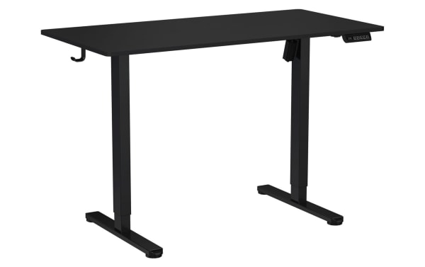 Ailyn Black 47.25'' adjustable height desk with electric lift, black particle board top, steel frame, programmable memory presets, contemporary style.