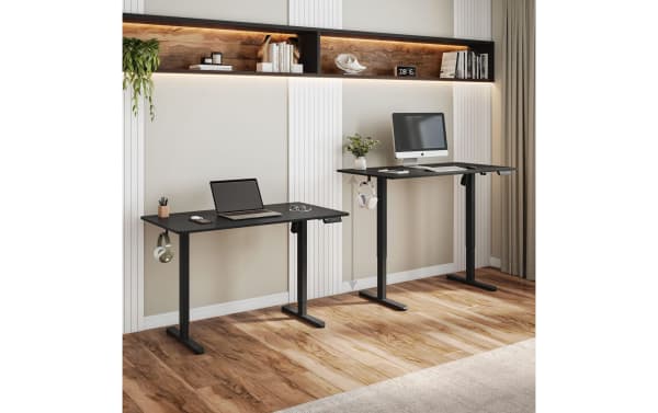 Contemporary Ailyn Black 47.25'' adjustable height desk with particle board top and steel frame, featuring electric lift and memory presets for ergonomic workspace.