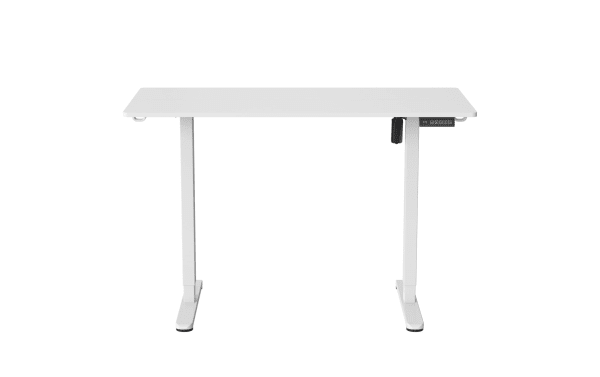 Ailyn White 47.25" adjustable height desk with electric lift, particle board top, steel frame, and three programmable memory presets for ergonomic workspace.