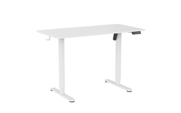 Contemporary Ailyn White 47.25" adjustable height desk with white particle board top, steel legs, and electric lift system with three programmable presets.