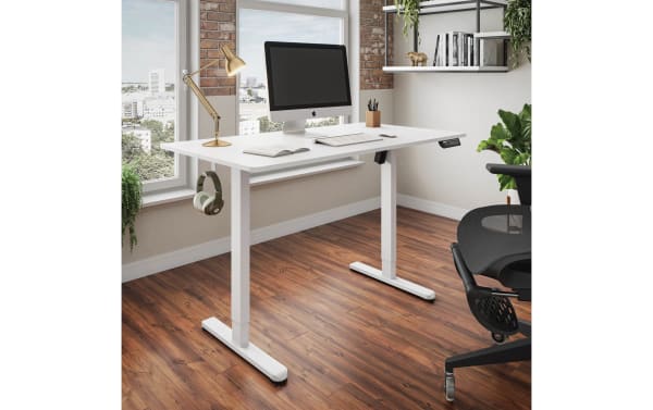 Ailyn White 47.25" adjustable height desk with electric lift, particle board top, steel frame, contemporary style, and programmable memory presets.