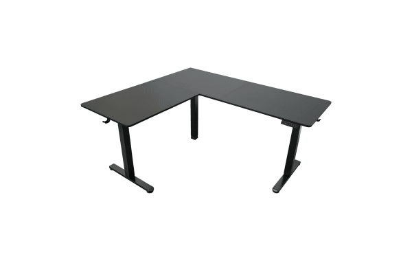 Ailyn Black 63'' L-Shaped Adjustable Height Desk in contemporary style, featuring black particle board top and steel legs with electric lift and memory presets.