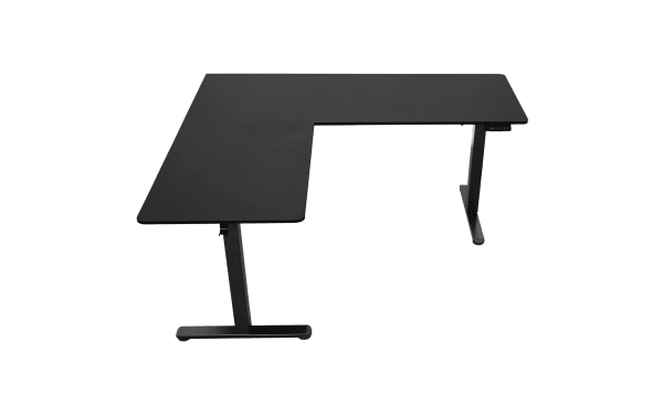 Ailyn Black 63'' L-shaped adjustable height desk in contemporary style, made of black particle board and steel with electric lift and memory presets.