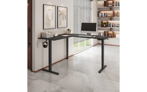 Contemporary Ailyn Black 63'' L-Shaped Adjustable Height Desk with particle board top, steel legs, electric lift, and three programmable memory presets.