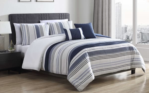 Coral Cove Queen Blue 5 Piece Comforter Set in blue and white polyester fabric, featuring a transitional striped design with coordinating accent pillows.