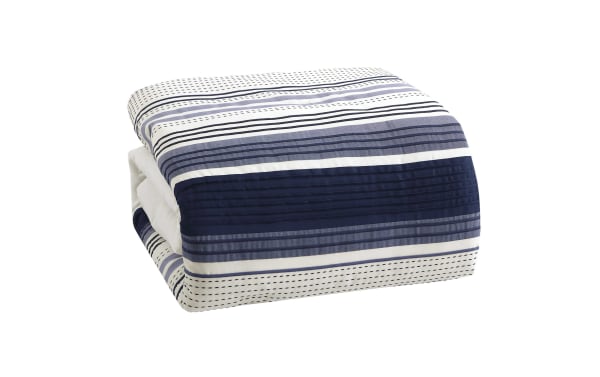 Coral Cove Queen Blue 5 Piece Comforter Set with blue and white striped polyester fabric, transitional style, includes accent pillows for added comfort.