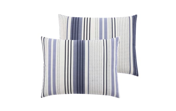 Coral Cove Queen Blue 5 Piece Comforter Set featuring blue and white striped polyester fabric in a transitional style with included accent pillows for added comfort.