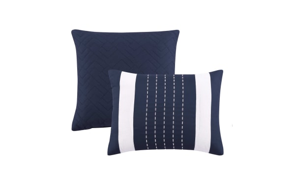 Coral Cove Queen Blue 5 Piece Comforter Set accent pillows in blue and white polyester fabric, transitional style with striped and quilted designs.