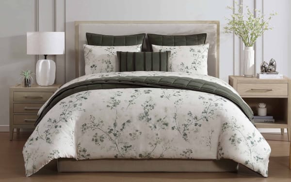 Lane King Green 7 Piece Comforter Set with botanical watercolor print, velvet quilt, and shams in green polyester fabric, transitional style.