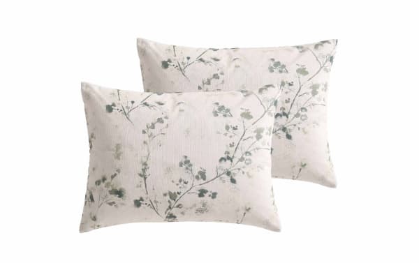 Transitional Lane King Green 7 Piece Comforter Set featuring botanical watercolor print pillows in green polyester fabric with velvet quilt texture.