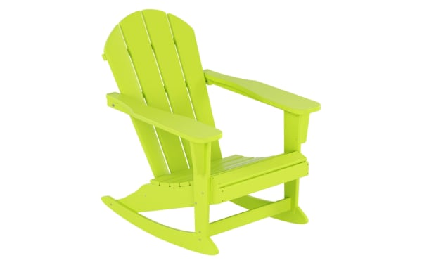 Paloma Lime Green Outdoor Adirondack Rocking Chair in high-density plastic, transitional style with high back and wide armrests for porch or poolside comfort.