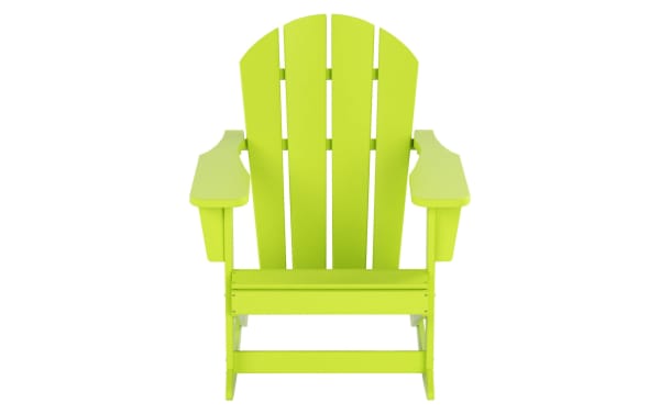 Paloma Lime Green Outdoor Adirondack Rocking Chair in high-density plastic with high back and wide armrests, transitional style for porch or poolside seating.
