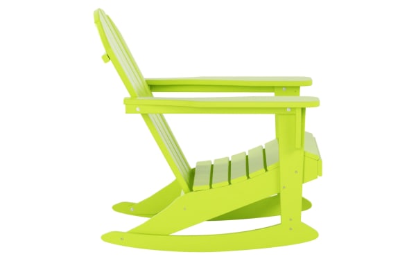 Paloma Lime Green Outdoor Adirondack Rocking Chair in high-density plastic with high back and wide armrests, ideal for porch or poolside seating.