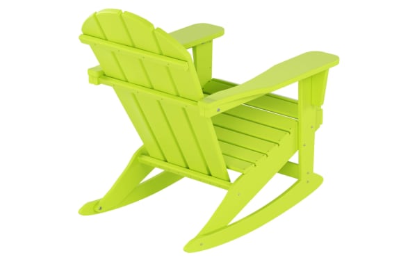 Paloma Lime Green Outdoor Adirondack Rocking Chair in high density plastic with high back and wide armrests, classic transitional style for porch or poolside.