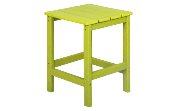 Paloma Lime Green Outdoor Adirondack Side Table in high-density plastic with slatted top and sturdy square legs, perfect for patio use.