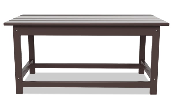 Contemporary Paloma Dark Brown Outdoor Adirondack Coffee Table made of durable high-density plastic with slatted top and sturdy frame for versatile indoor/outdoor use.