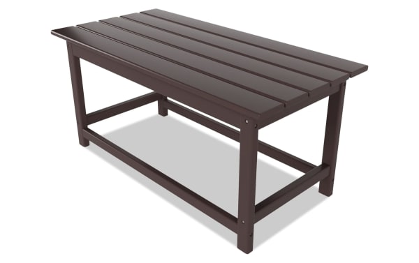 Contemporary Paloma Dark Brown Outdoor Adirondack Coffee Table made of durable high density plastic with slatted top and sturdy frame for versatile indoor/outdoor use.