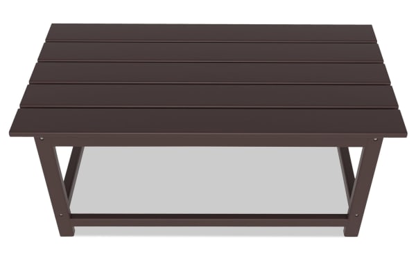 Contemporary Paloma Dark Brown Outdoor Adirondack Coffee Table made of durable high-density plastic with slatted top and sturdy frame for versatile indoor/outdoor use.