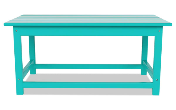 Contemporary Paloma Turquoise Outdoor Adirondack Coffee Table made of durable high-density plastic with slatted top and sturdy frame for versatile indoor/outdoor use.