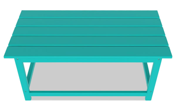 Paloma Turquoise Outdoor Adirondack Coffee Table in contemporary style, made of durable high-density plastic with slatted top and sturdy frame.