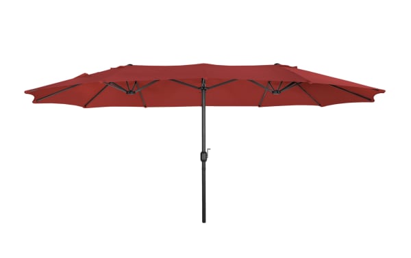 Delany Red 9' Twin Outdoor Umbrella in transitional style with red polyester fabric and black steel frame, extra-large for poolside or deck shade.