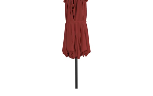 Delany Red 9' Twin Outdoor Umbrella with red polyester fabric, steel and stainless steel frame, transitional style, large sunshade for outdoor use.