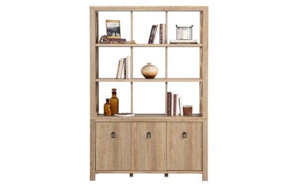 Genevieve 70.2'' rustic light brown wood and engineered wood grain bookcase with 5 open shelves, trellis design, and 3-door cabinet storage.