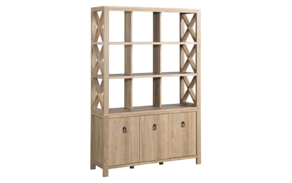 Genevieve 70.2'' light brown rustic wood bookcase with 5 open shelves, trellis sides, and 3 lower cabinet doors with adjustable shelves.