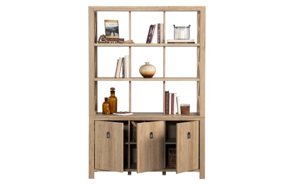 Genevieve 70.2'' rustic light brown wood bookcase with 5 open shelves, trellis design, and 3 cabinet doors with adjustable storage shelves.