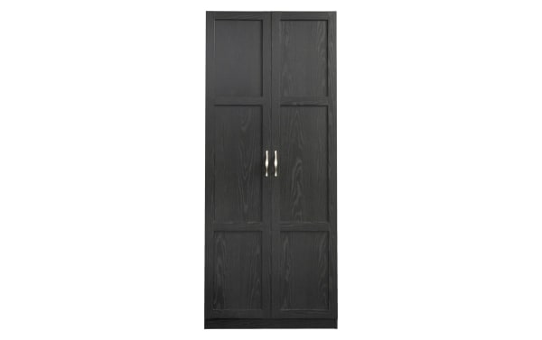 Bella Black 2 Door Storage Cabinet in engineered wood grain with transitional style, featuring four adjustable shelves and sleek silver handles.