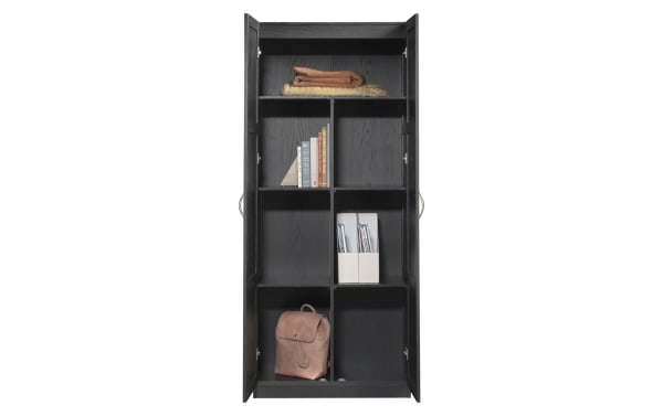 Bella Black 2 Door Storage Cabinet in engineered wood grain with transitional style, featuring four adjustable shelves for versatile storage of blankets, books, and accessories.